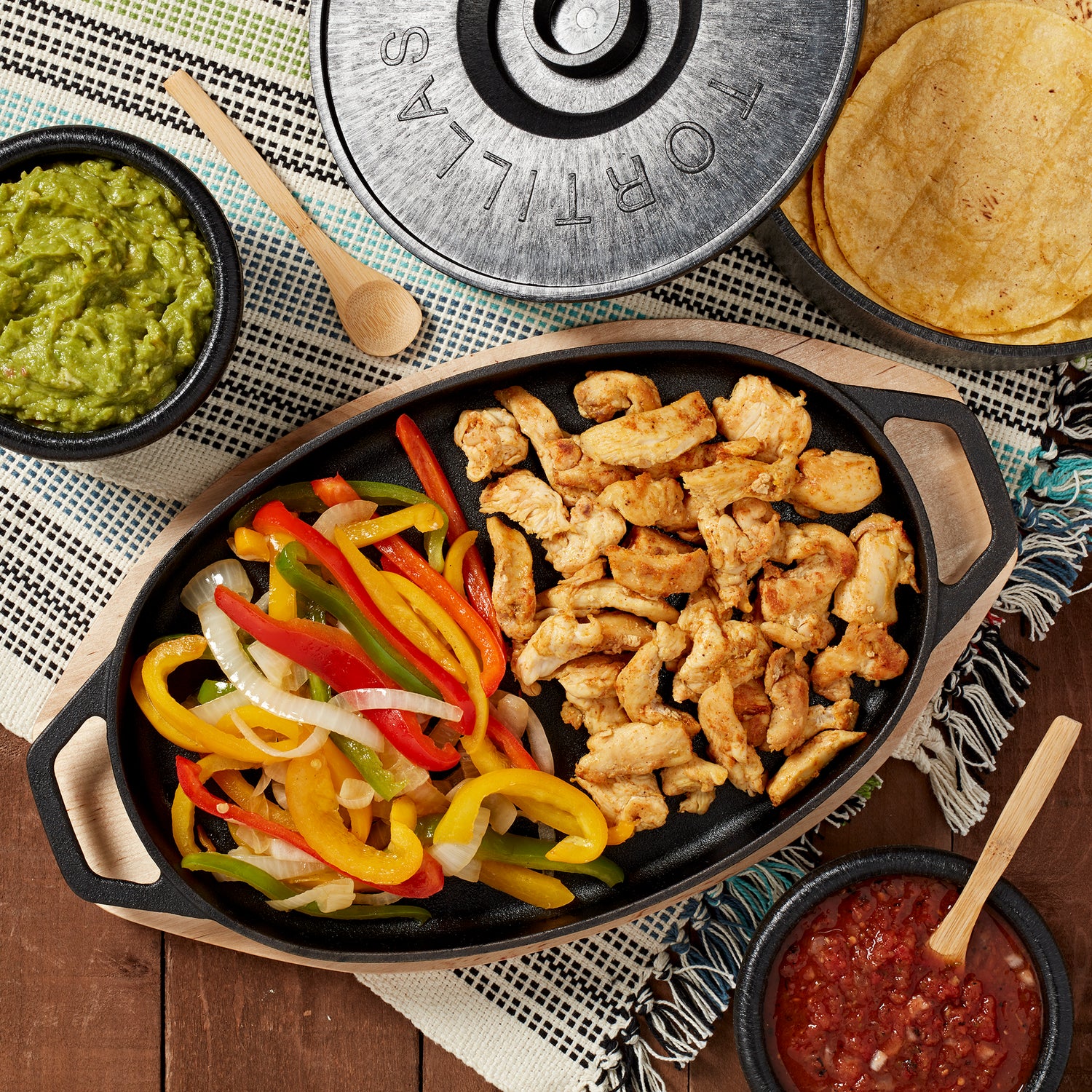 cast iron fajita set tortilla warmer chicken peppers guacamole salsa infuse bold latin flavor